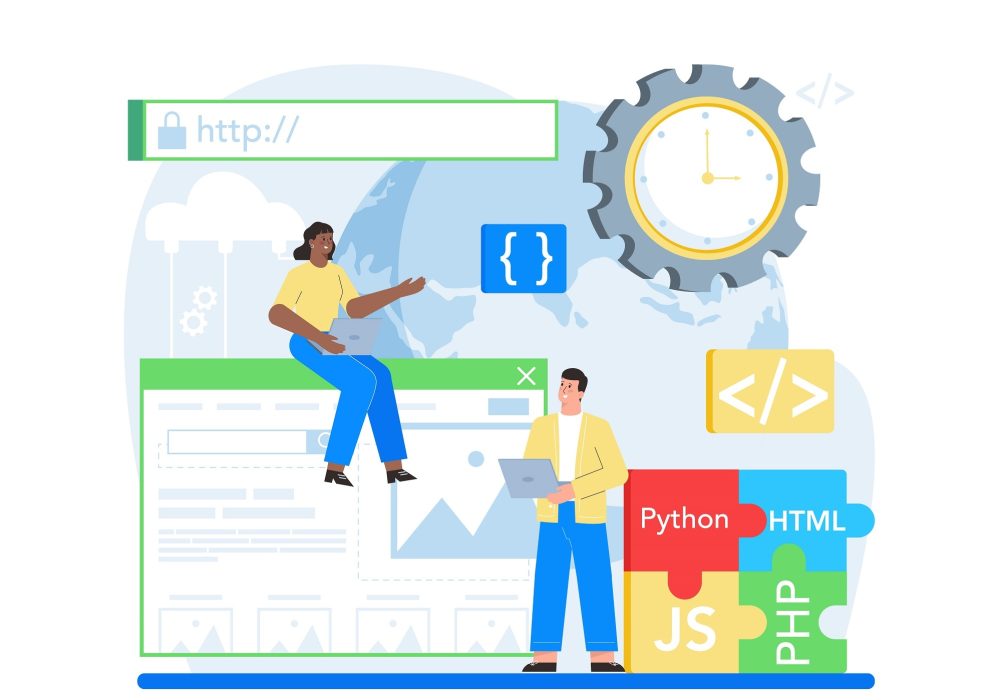 Web development concept. Website optimization and web page interface design. Coding and testing site in the internet. Modern technology idea. Isolated flat vector illustration